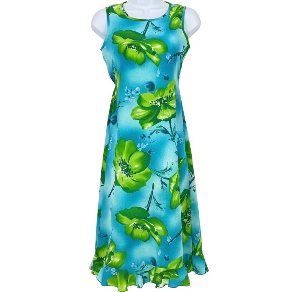 My Michelle 90s Y2K Blue Green Floral Ruffle Hem‎ Sleeveless Midi Dress Size 12